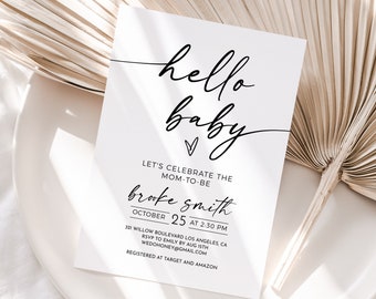 Minimalist Baby Shower Invitation Template, Editable Hello Baby Invite Corjl #03066