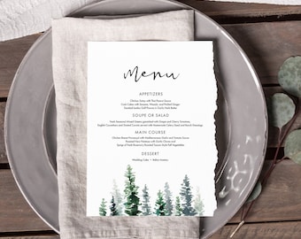 Rustic Pine Tree Wedding Menu Card Template, Forest Dinner Menu, Editable Text with Corjl #033