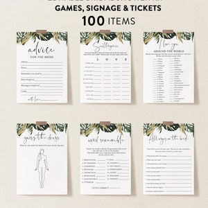 Tropical Bridal Shower Games Bundle, Palm Package, Personalize Name and Questions, Edit with Corjl #093