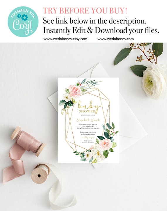 Gold Blush Floral Baby Shower Invitation Printable, Instant Download, Editable, 5x7'' and 4x6'' #058 Il_570xn