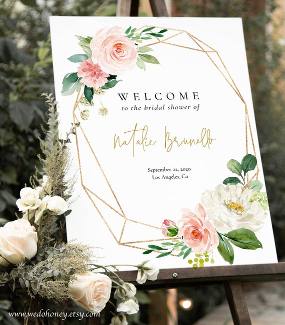 Floral Welcome Bridal Shower Sign, Watercolor Pink Flowers, Gold Frame, Wedding Template, Welcome for Baby, Editable Text with Corjl #039 Il_570xn