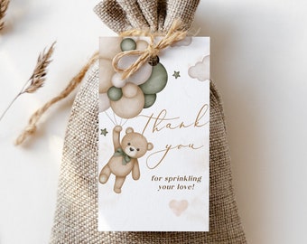 Teddy Bear Thank You Tag Template, Green Teddy Thank You Tag, Sage Baby Shower, Editable Text with Corjl #023C