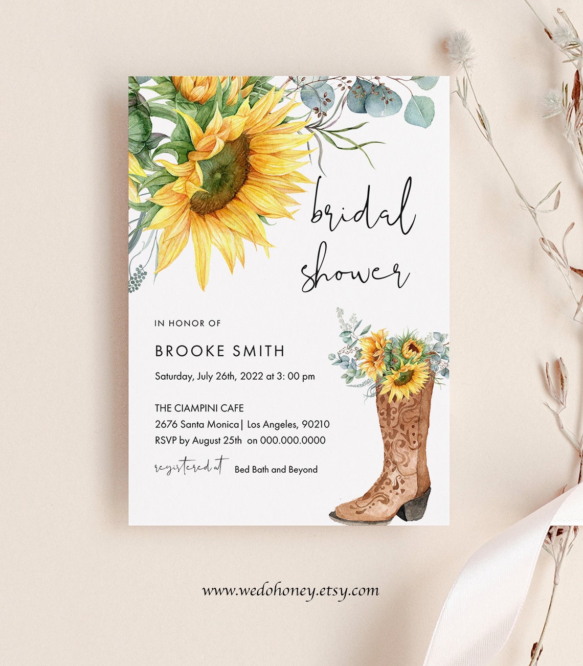 Sunflower Boots Bridal Shower Invitation Country Western image 1