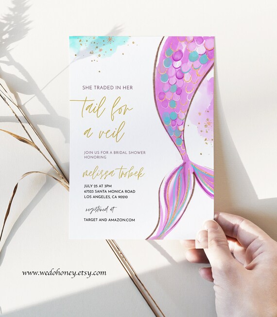 Mermaid Bridal Shower Invitation, Trade Her Tail for a Vei, Ocean