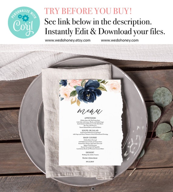 Boho Floral Wedding Menu Template, Navy and Blush, Fully Editable Text, 5x7 and 3.75x9'' #021 Il_570xn