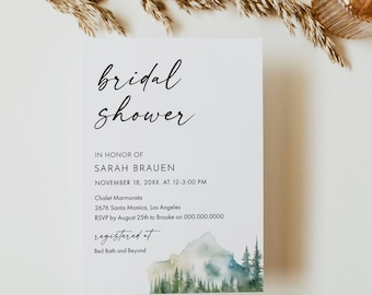 Mountain Bridal Shower Invitation, Forest Pine Invite, Editable Text with Corj #053B