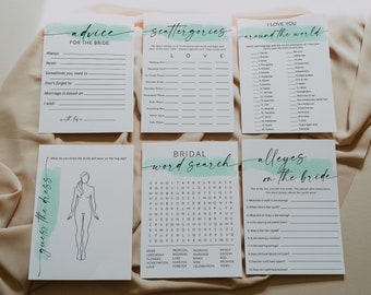 Mint Bridal Shower Games Package, 36 Game Printable, Minimalist Wedding Shower Games, Swash, Personalize Name and Questions, Corjl #03068