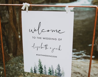 Pine Tree Wedding Signs, Winter Rustic Forest Wedding Poster Sign, Edit Text with Corjl #033