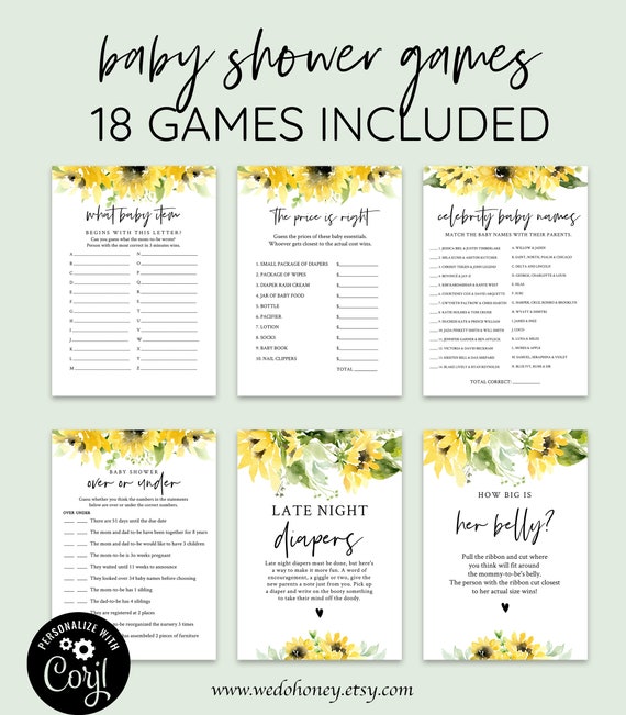 Sunflower Baby Shower Game Bundle, Editable Set Games, Corjl #00101 Il_570xn