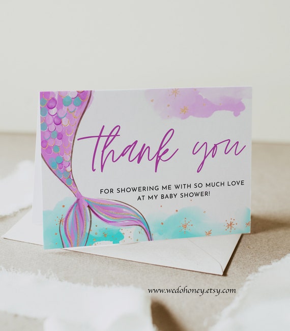 Editable Mermaid Thank You Folded Card Printable Under The Sea Thank You Baby Shower or Birthday Corjl #039 Il_570xn