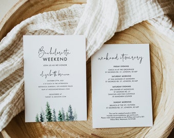 Pine Tree Bachelorette Weekend Itinerary, Agenda Events, Rustic Winter Pine Template, Editable Text with Corjl #033