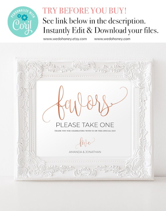 Rose Gold Wedding Favors Sign, Rose Gold Wedding Template, Pink Wedding Favor Printable, Edit prior purchase on Cojl Il_570xn
