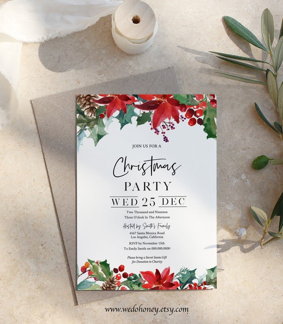 Christmas Party Invitation Printable, Rustic Berry Christmas Template, Editable Text Il_570xn