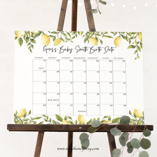 Lemon Baby Due Date Calendar Game Template, Guess Baby's Birthday, Summer Baby Shower, Editable Text with Corjl #087