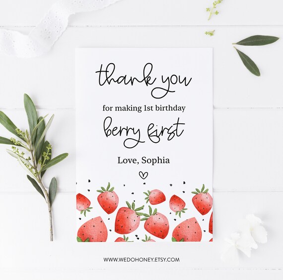 Editable Strawberry Thank You Card Birthday Berry First Sweet Party