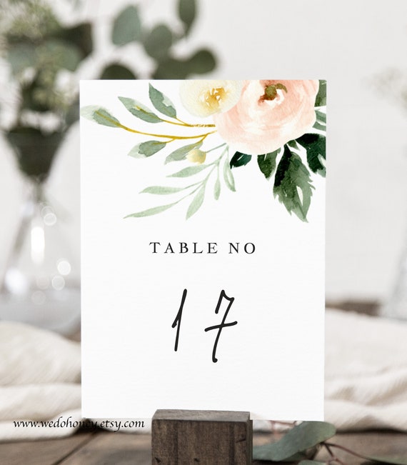 Blush Floral Table Number Template, Greenery Blush, DIY Numbers, Instant Download, Editable Text with Corjl #BLS049 Il_570xn