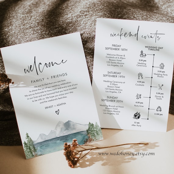 Lake Wedding Timeline Template, Editable Itinerary, Welcome Bag Card, Woodland Welcome Letter, Welcome Events #014 Il_570xn