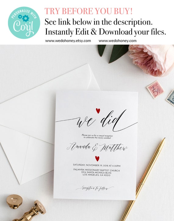 We Did Announcement Template, Calligraphy Elopement Reception