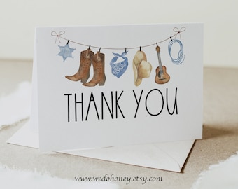 Western Cowboy Thank You Folded Card Printable, Cowboy Baby Shower Thank You Note, Folded or Flat, Editable Text with Corjl #038