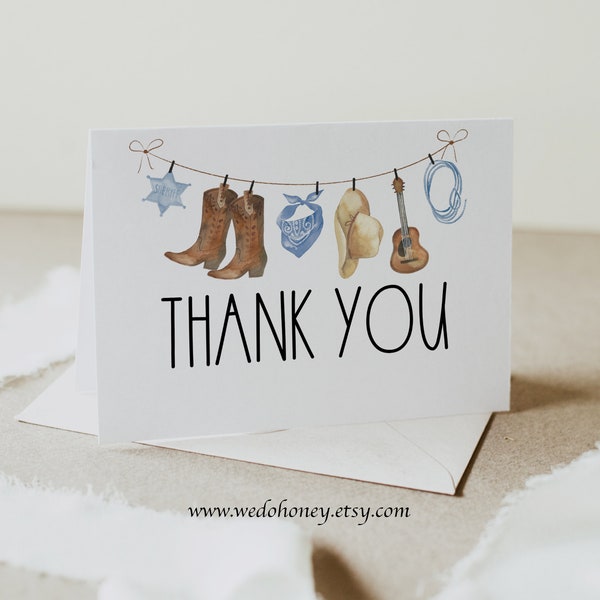 Western Cowboy Thank You Folded Card Printable, Cowboy Baby Shower Thank You Note, Folded or Flat, Editable Text with Corjl #038