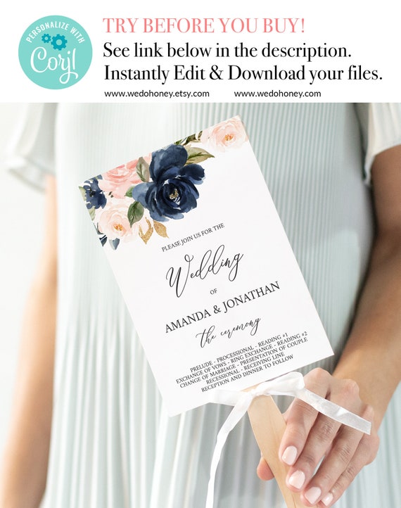 Floral Fan Wedding Program Template Watercolor Navy And Blush