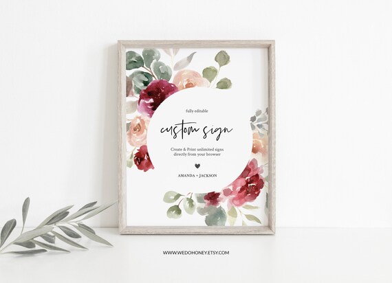 Boho Custom Sign Template, Burgundy & Dusty Rose Flower Wedding, Unlimited Signs, Instant Download Il_570xn