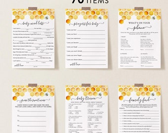 Bee Baby Shower Game Bundle, Honey Bee, 70 Items, Personalize Questions, Editable Games, Instant Download, Corjl #024