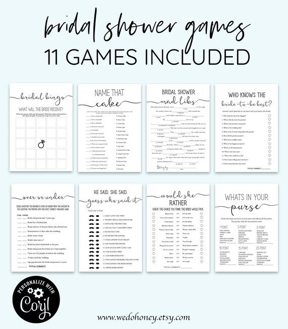 Modern Bridal Shower Game Bundle, Calligraphy, Personalize Name and Questions, Shower Activities, Editable Games, Corjl #028 Il_570xn