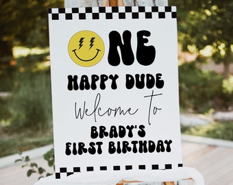 One Happy Dude Welcome Sign, Smiley Face Welcome Sign, Checkered Birthday Party, Corjl #46C