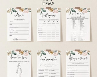 Tropical Bridal Shower Game Bundle, 100 Items, Blush Tropical Game, Personalize Name and Questions, Editable Games with Corjl #0076
