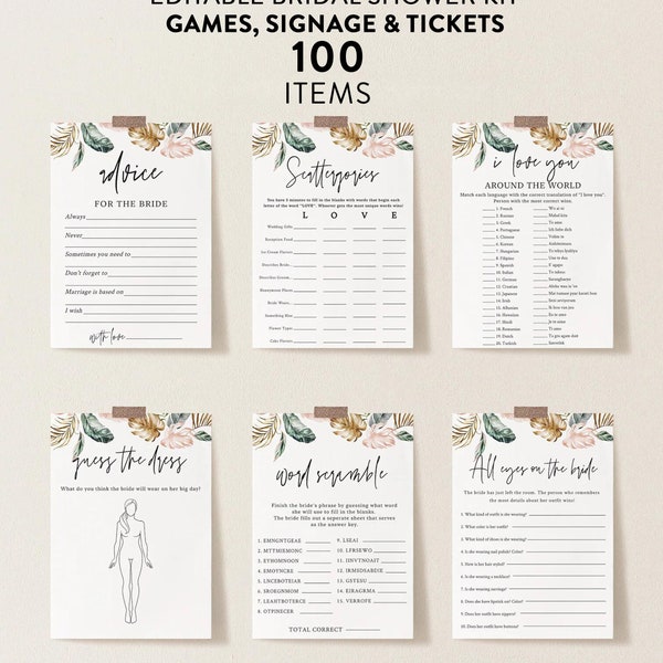 Tropical Bridal Shower Game Bundle, 100 Items, Blush Tropical Game, Personalize Name and Questions, Editable Games with Corjl #0076