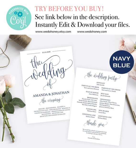 Wedding Program Template Navy Blue Instant Download Fully Etsy
