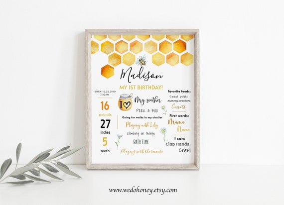 Bee First Birthday Milestone Board, Honey Bee Template, Bumble Bee Poster, Edit Text with Corjl #024 Il_570xn