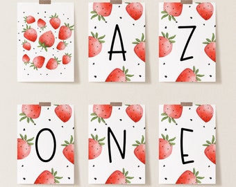 Editable Strawberry Banner Birthday Berry First Printable Editable Text with Corjl #030