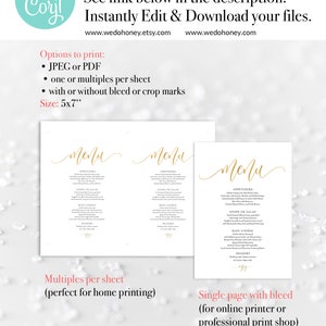 Gold Wedding Menu Printable, Template, Editable, Instant Download, 5x7 ...