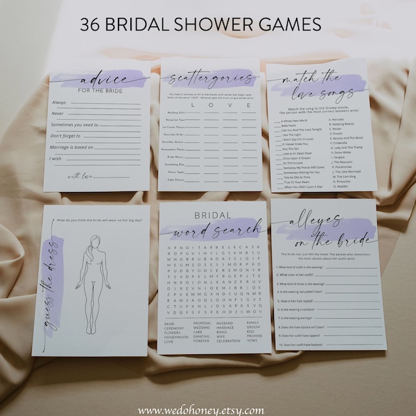 Lavender Bridal Shower Games, 36 Game Printable, Swash, Modern Wedding Shower Games, Pastel, Personalize Name and Questions, Corjl #03070