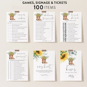 Sunflower Boots Bridal Shower Game Bundle, 100 Items, Rustic Country Western Party Games, Edit Text with Corjl #96