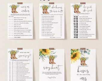 Sunflower Boots Bridal Shower Game Bundle, 100 Items, Rustic Country Western Party Games, Edit Text with Corjl #96