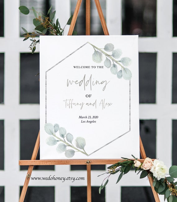 Silver Greenery Welcome Wedding Sign, Geometric Frame, Editable Calligraphy with Corjl #081 Il_570xn