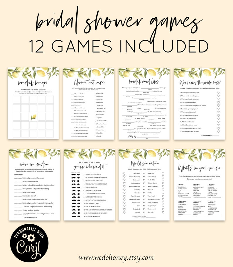 Lemon Bridal Shower Game Bundle Personalize Questions Name and Max 65% OFF Reservation