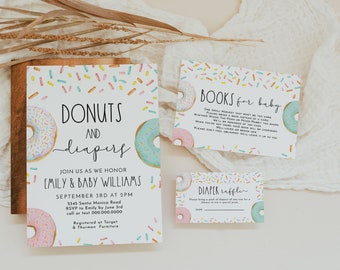 Donuts Sprinkle Baby Shower Invitation Set, Donuts, Diapers, and Books, Colorful Sprinkles, Editable on Corjl #079C