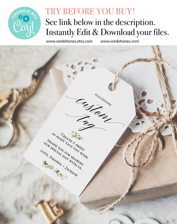 Greenery Thank You Tag Printable, Fully Editable Text, Custom Tag for Wedding, Gift Tags Wedding Favor, Sizes 2x3.25" and 2.75x4" Il_570xn