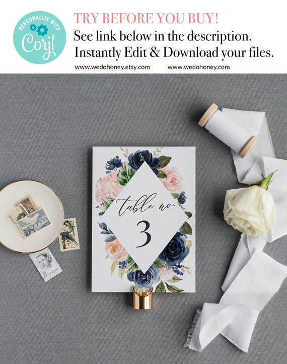 Floral Table Number Template, Navy and Pink Blush Floral Printable, Blush Florals, Editable Text, Size: 5x7'' and 4x6'' #021_2 Il_570xn