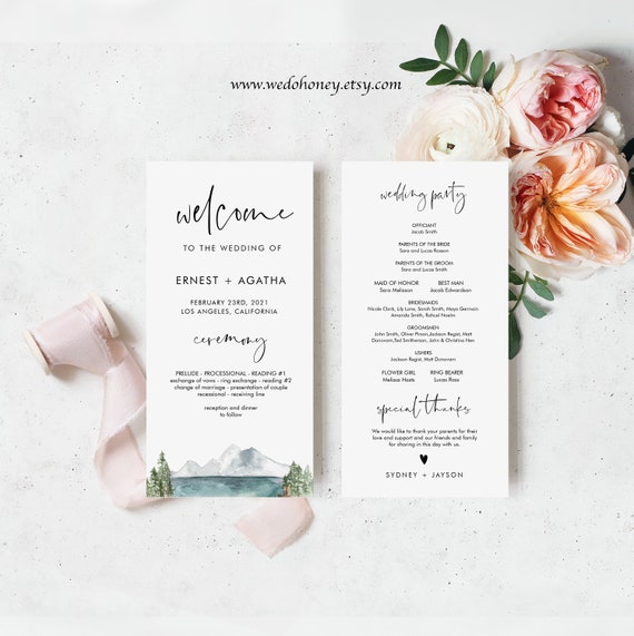 Lake Wedding Program Template, Woodland, Mountain Theme Wedding, Programs Download, Ceremony Pine #014 Il_570xn