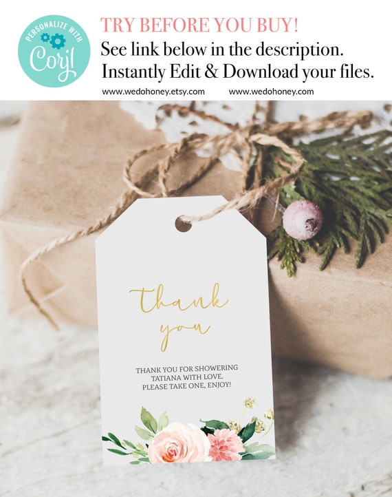 Boho Floral Thank You Tag Printable, Editable Text, Instant Download Il_570xn
