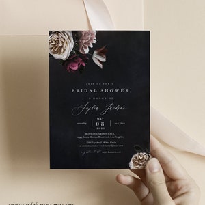 Moody Wedding Bridal Shower Invitation Template, Dark Floral Invite, Editable Fully Text with Corjl  Instant Download #WDH045