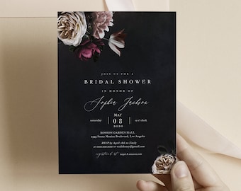 Moody Wedding Bridal Shower Invitation Template, Dark Floral Invite, Editable Fully Text with Corjl  Instant Download #WDH045