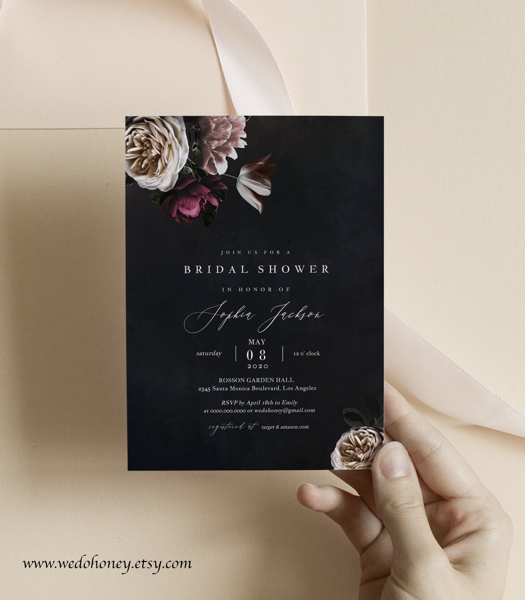 Ivory Bridal Shower Invitation Black and Gold Bridal Shower Invitation Floral Shower Invite Customized 5x7 Digital File Wedding Invite