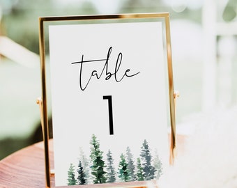 Forest Table Numbers, Pine Tree Wedding Number, Rustic Ceremony, Editable Text with Corjl #033