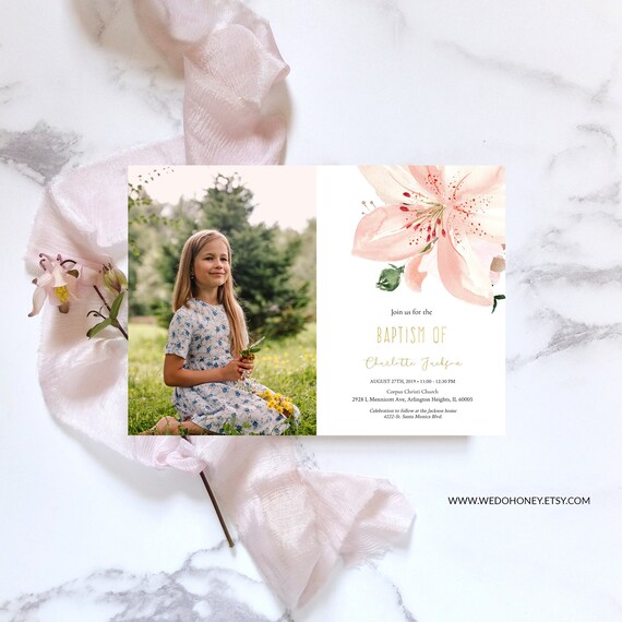Pink Floral and Gold Baptism Girl Invitation, LDS Girl Baptism Photo Invitation, Girl Blessing, Add Picture Il_570xn
